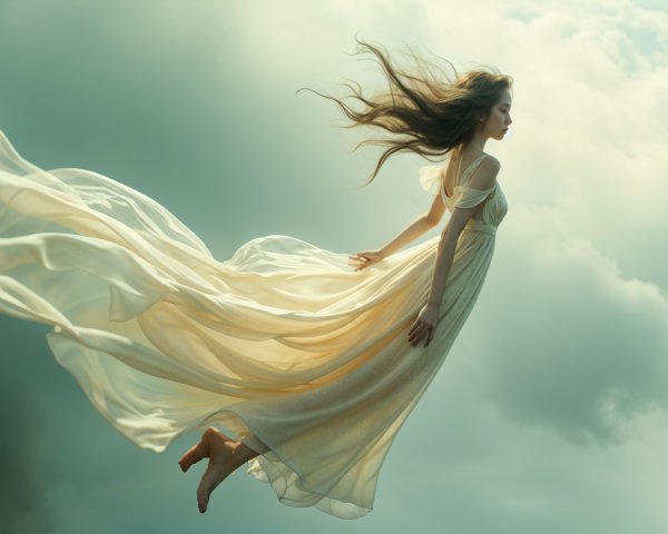 Serene figure floating in soft, billowing clouds