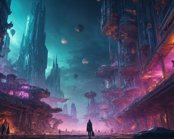 Futuristic cityscape with neon lights and ruins