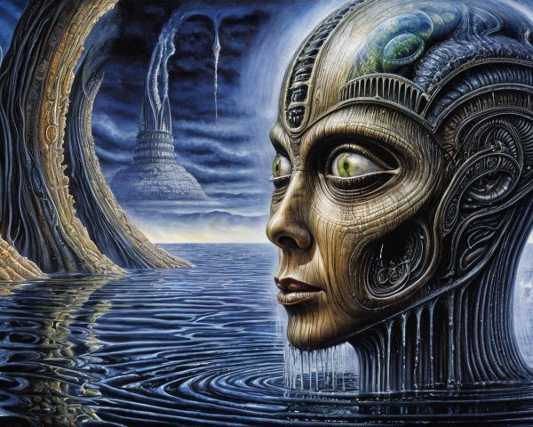 Surreal Futuristic Landscape with Humanoid Head