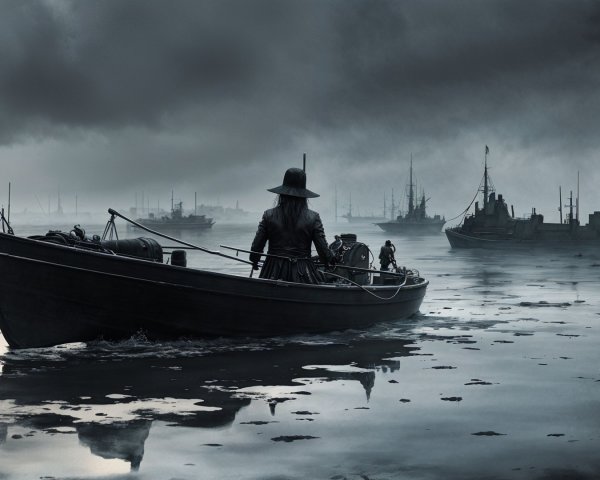 Small boat in foggy waters with shadowy ships