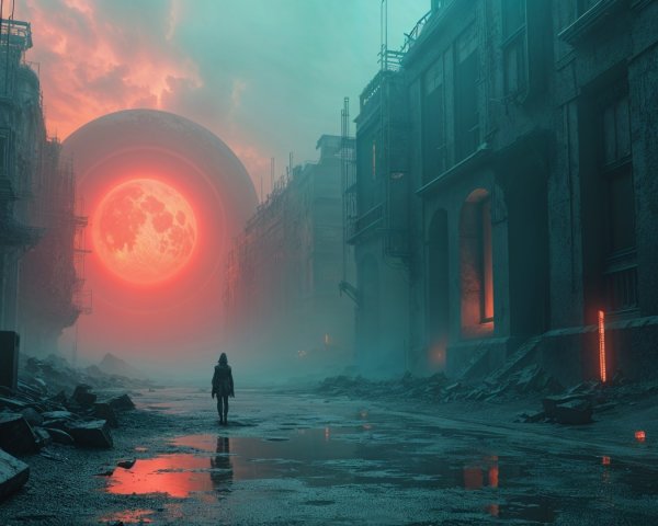 Lone Figure in a Foggy Dystopian Cityscape