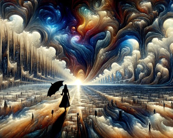 Surreal Landscape with Silhouetted Figure and Umbrella