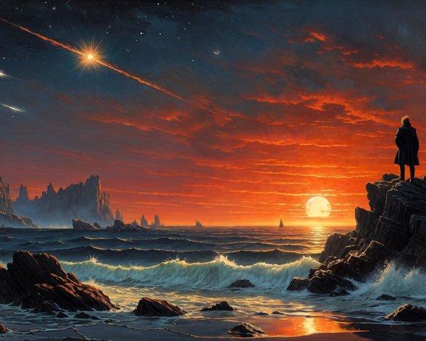 Seascape at Dusk with Sunset and Rugged Rocks