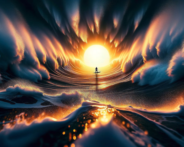 Surfer Riding Wave at Vibrant Sunset Scene