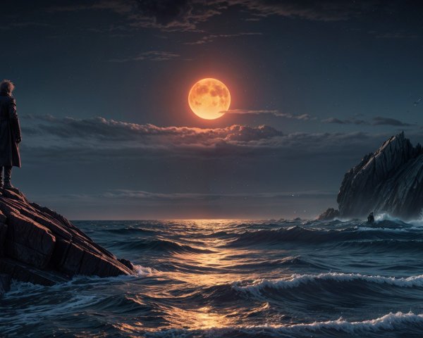 Lone Figure on Rocky Shore Under Full Moonlight