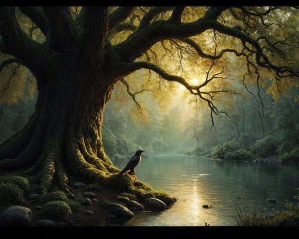 Majestic tree by serene river in lush wilderness