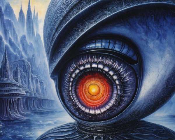 Surreal landscape with intricate eye structure and mountains