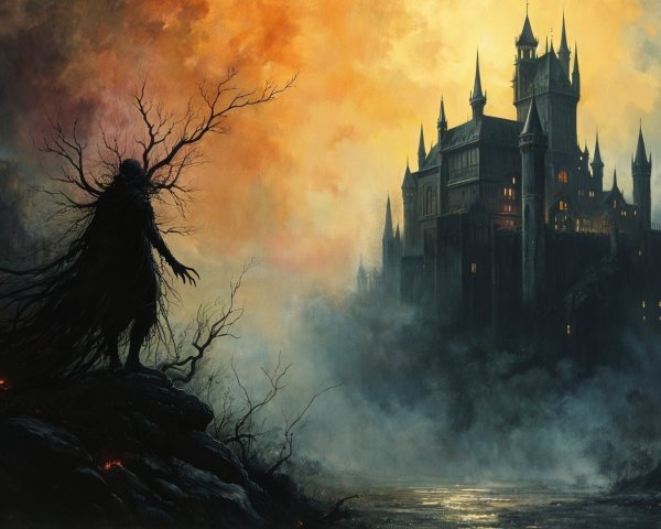 Dark Castle Landscape with Shadowy Figure and Fog