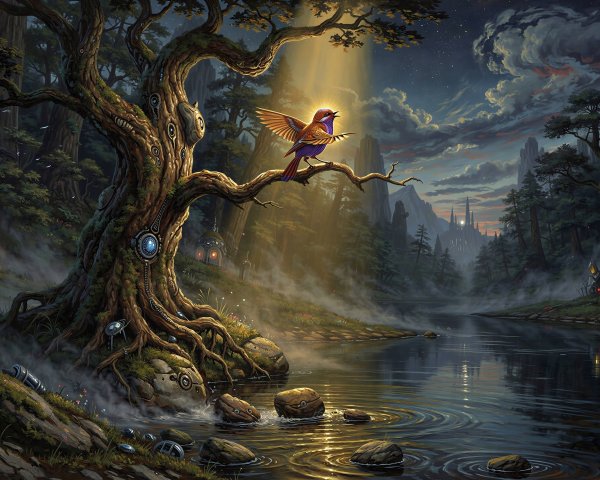 Ancient Tree with Glowing Orbs and Misty River Scene