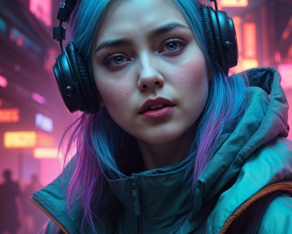 Young woman with blue and purple hair in urban setting