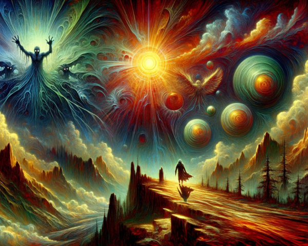 Surreal Landscape with Ethereal Figures and Dramatic Sky
