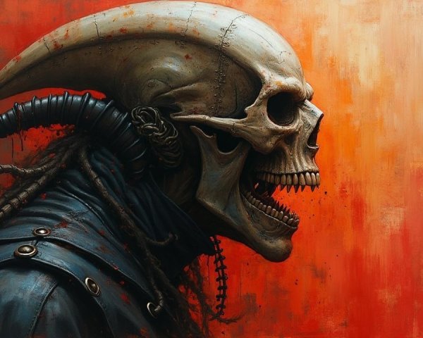 Fantastical Skull with Horns on Textured Orange Background