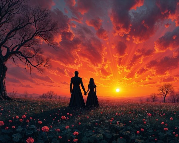 Couple in a Flower Field at Sunset with Dramatic Sky