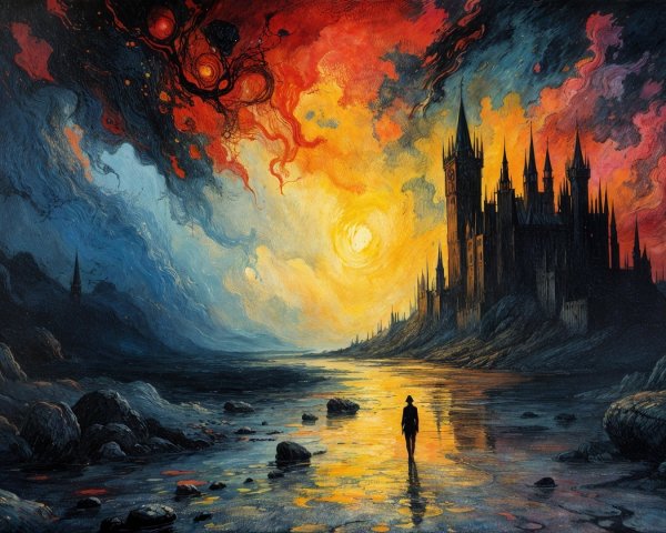 Lone Figure by Reflective River Under Dramatic Sky