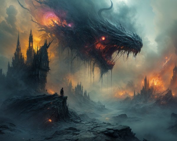 Colossal Dragon Overlooks Desolate Kingdom Landscape
