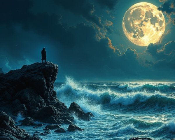 Silhouetted Figure on Rugged Cliff Under Full Moon