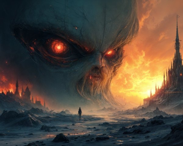 Surreal Landscape with Ominous Face and Castle Spire