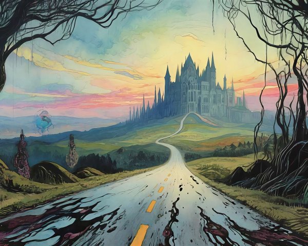 Dreamlike Landscape with Gothic Castle at Sunset
