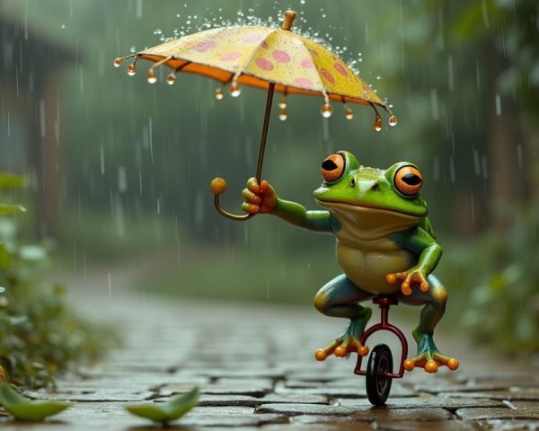 Whimsical Frog on Unicycle with Colorful Umbrella