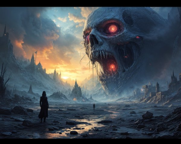 Colossal Skeletal Face in Desolate Landscape