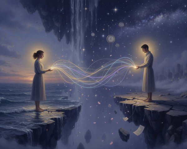 Surreal Painting of Two Figures on Floating Rock Islands