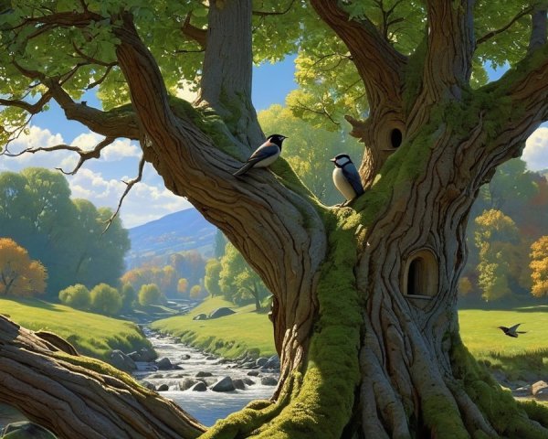 Majestic tree by serene stream in tranquil landscape
