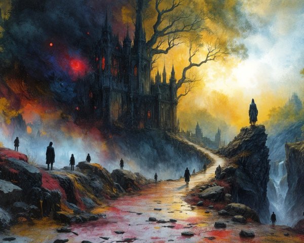 Dark Landscape with Castle and Winding Path