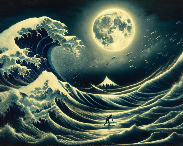 Dramatic Seascape with Surfer and Moonlit Waves