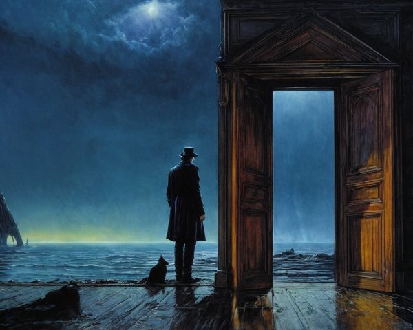 Lone Figure and Cat by Moonlit Sea Landscape