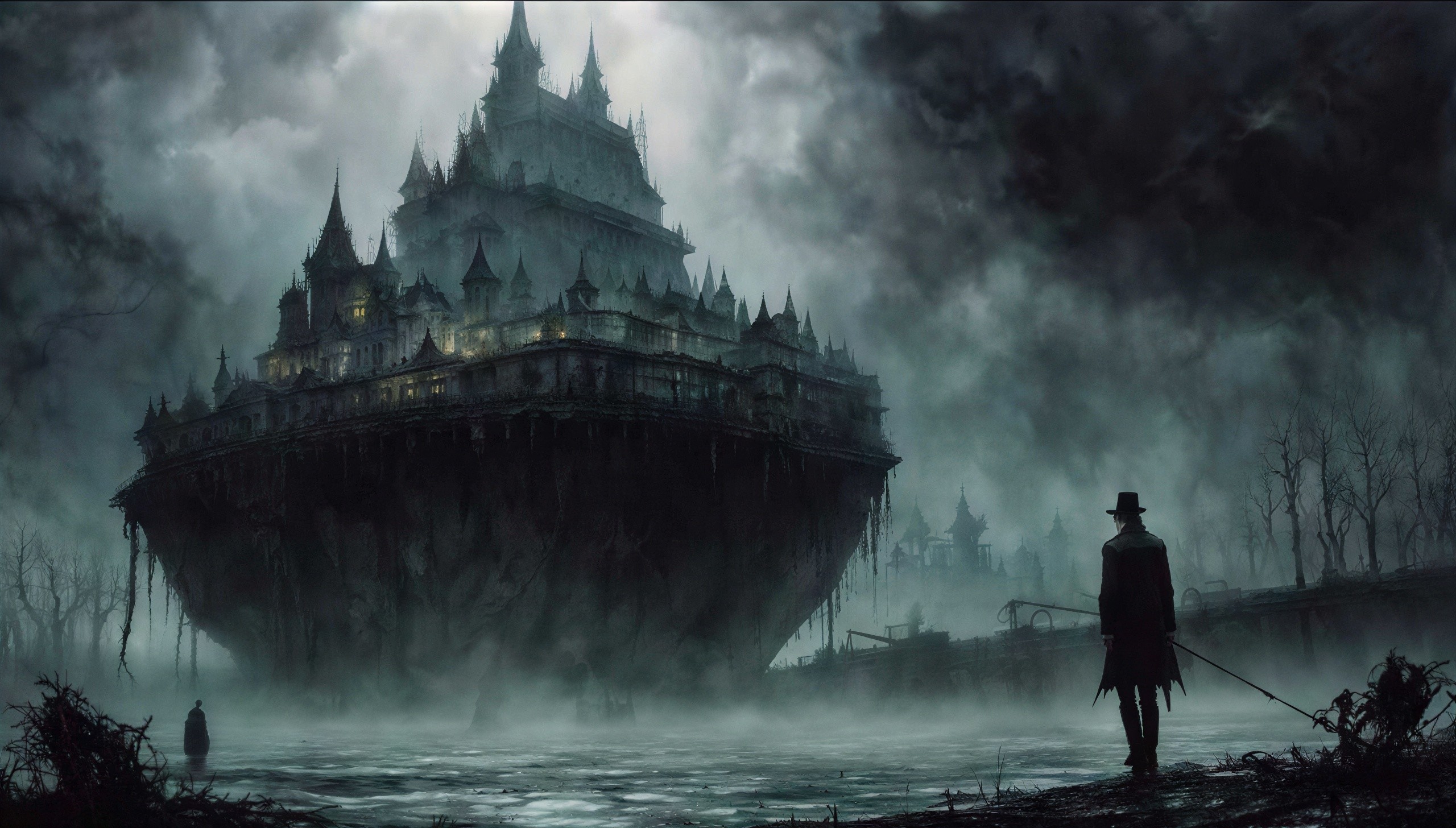Gothic Castle in Dark Atmospheric Horror Landscape