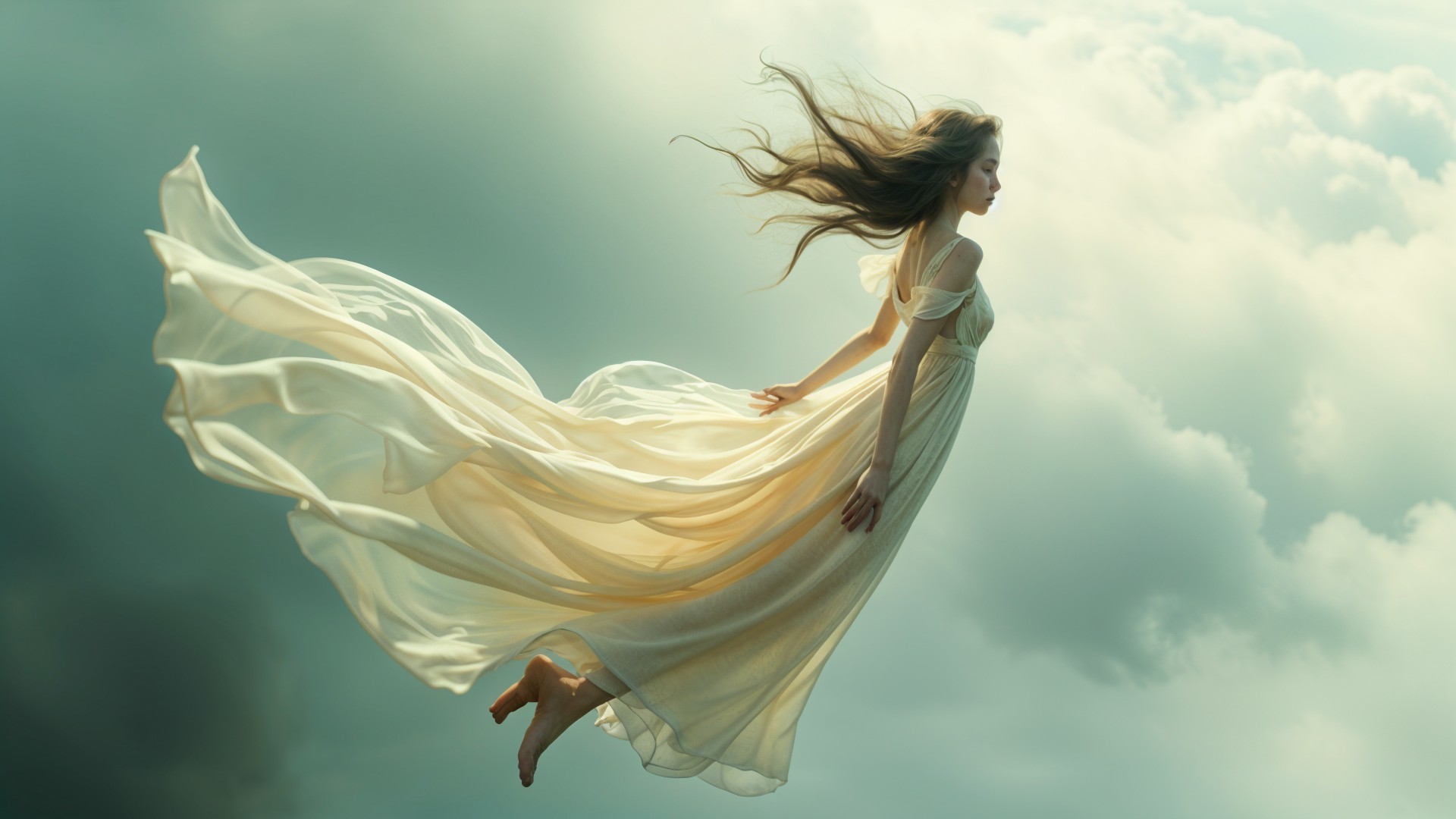Serene figure floating in soft, billowing clouds