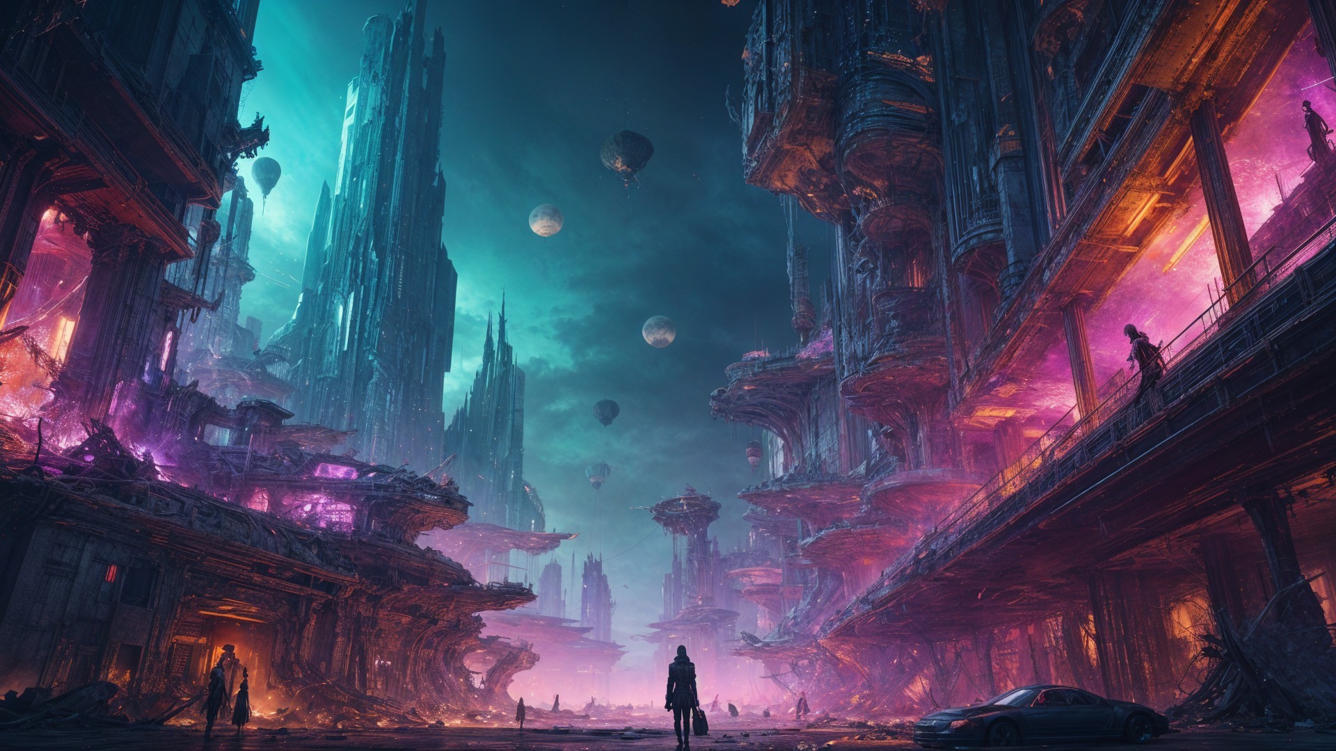 Futuristic cityscape with neon lights and ruins