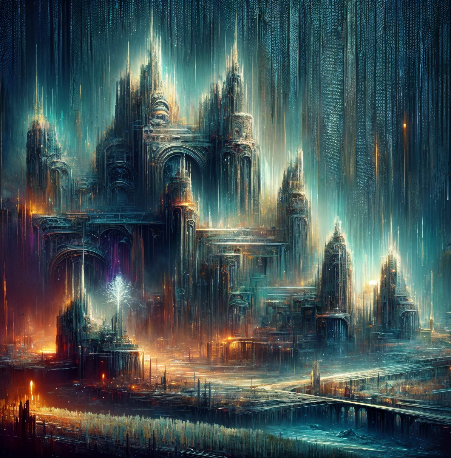 Surreal Futuristic Cityscape with Ethereal Lights