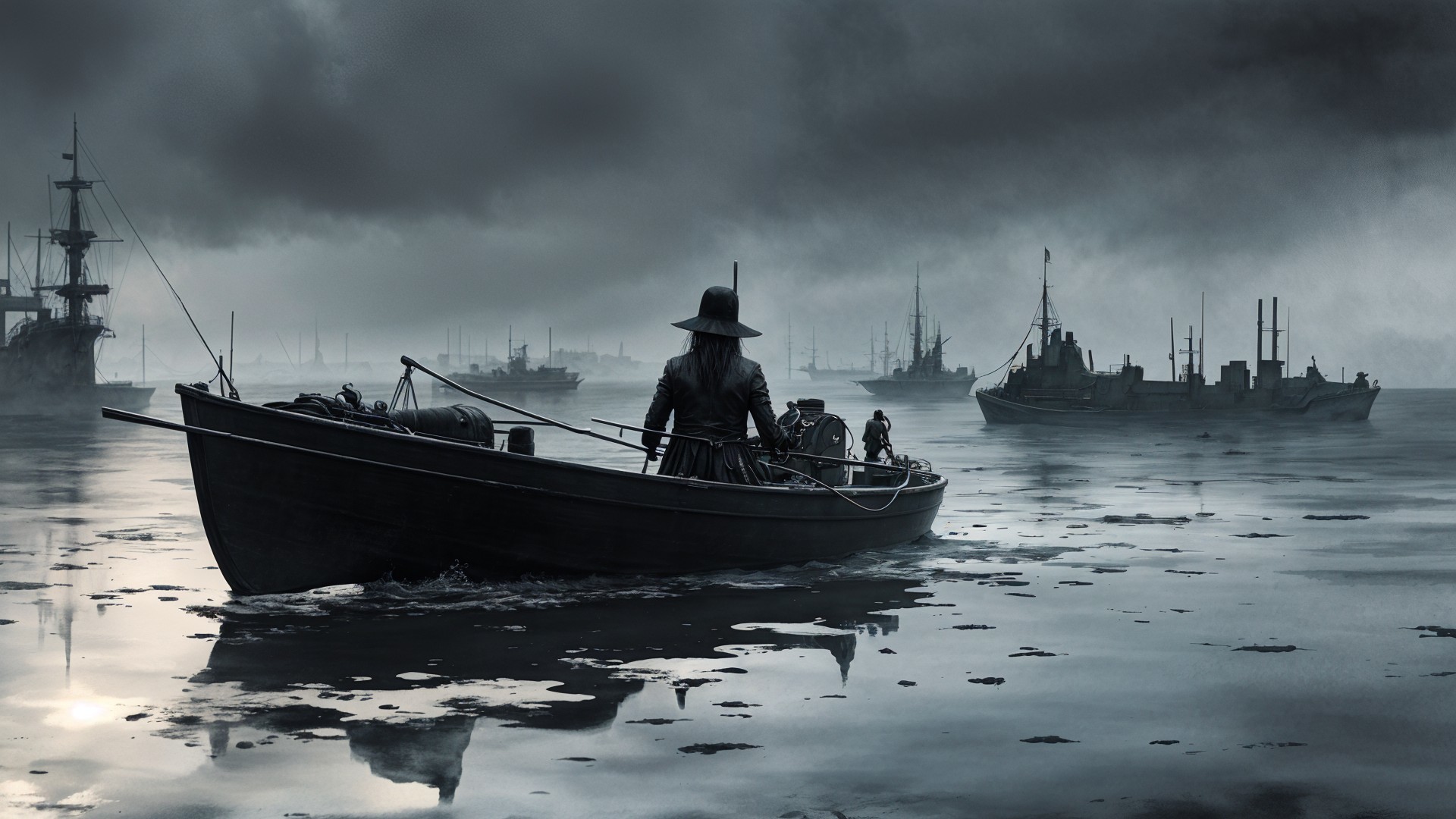 Small boat in foggy waters with shadowy ships