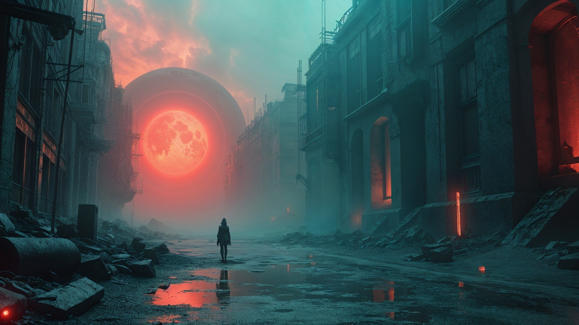 Lone Figure in a Foggy Dystopian Cityscape