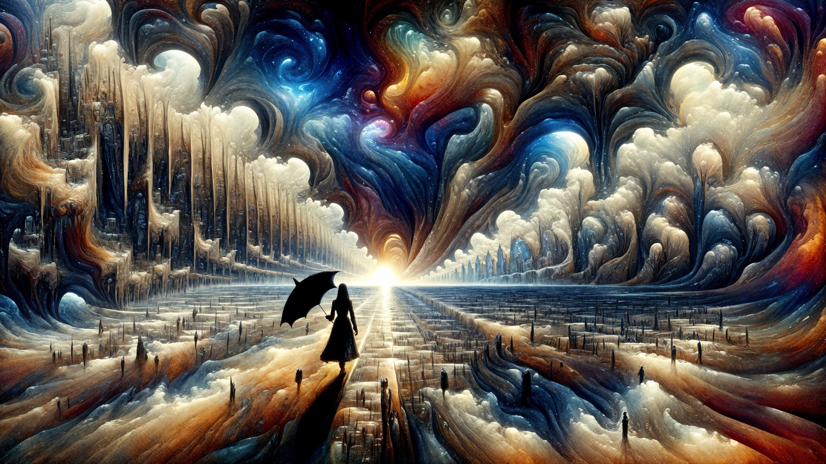 Surreal Landscape with Silhouetted Figure and Umbrella