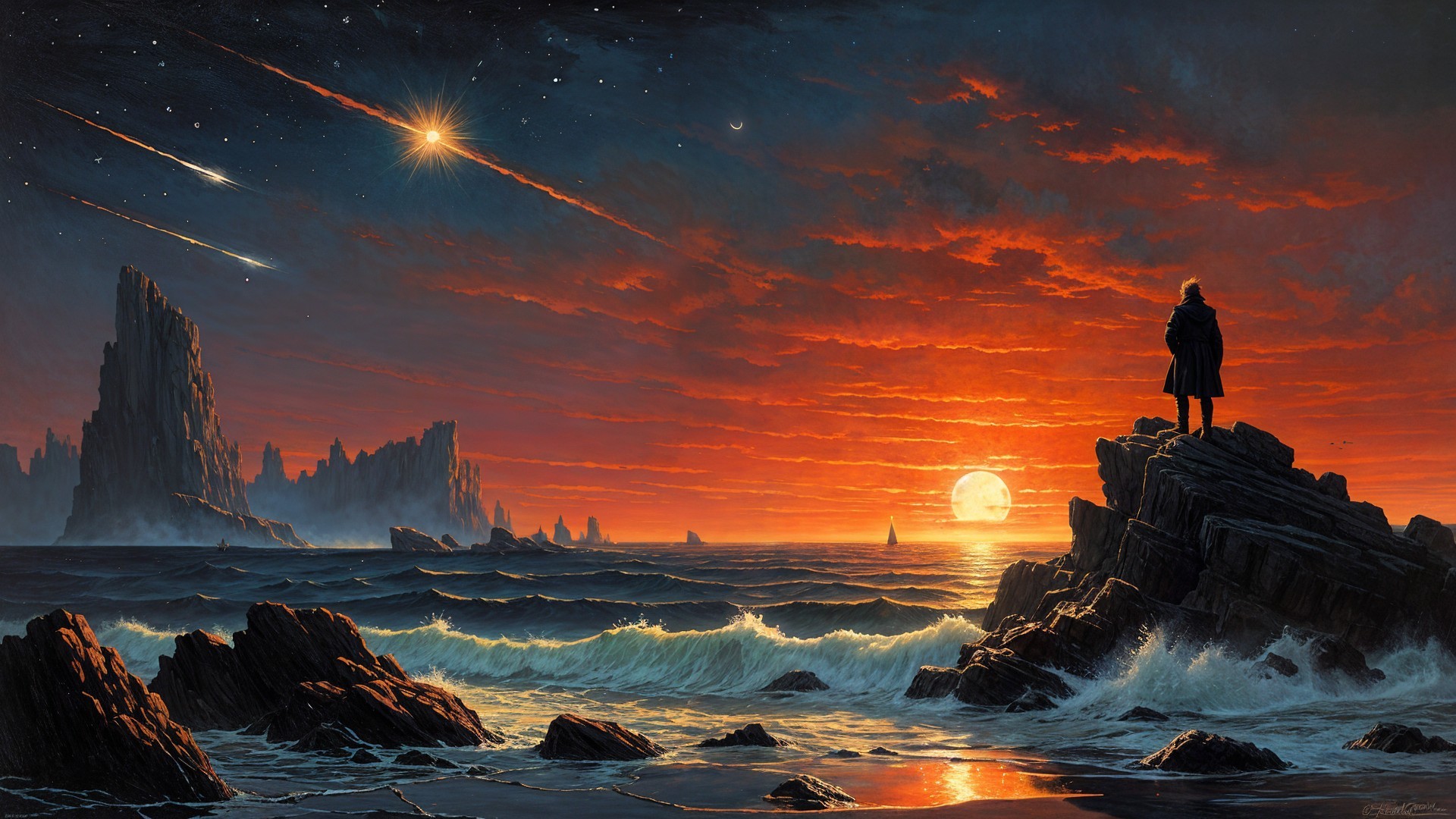 Seascape at Dusk with Sunset and Rugged Rocks