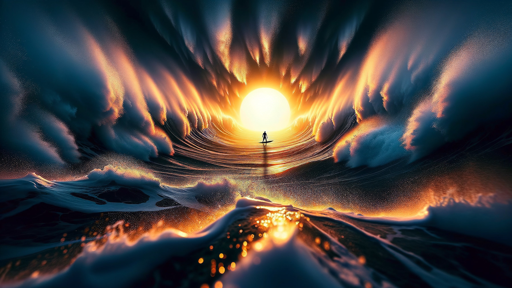 Surfer Riding Wave at Vibrant Sunset Scene