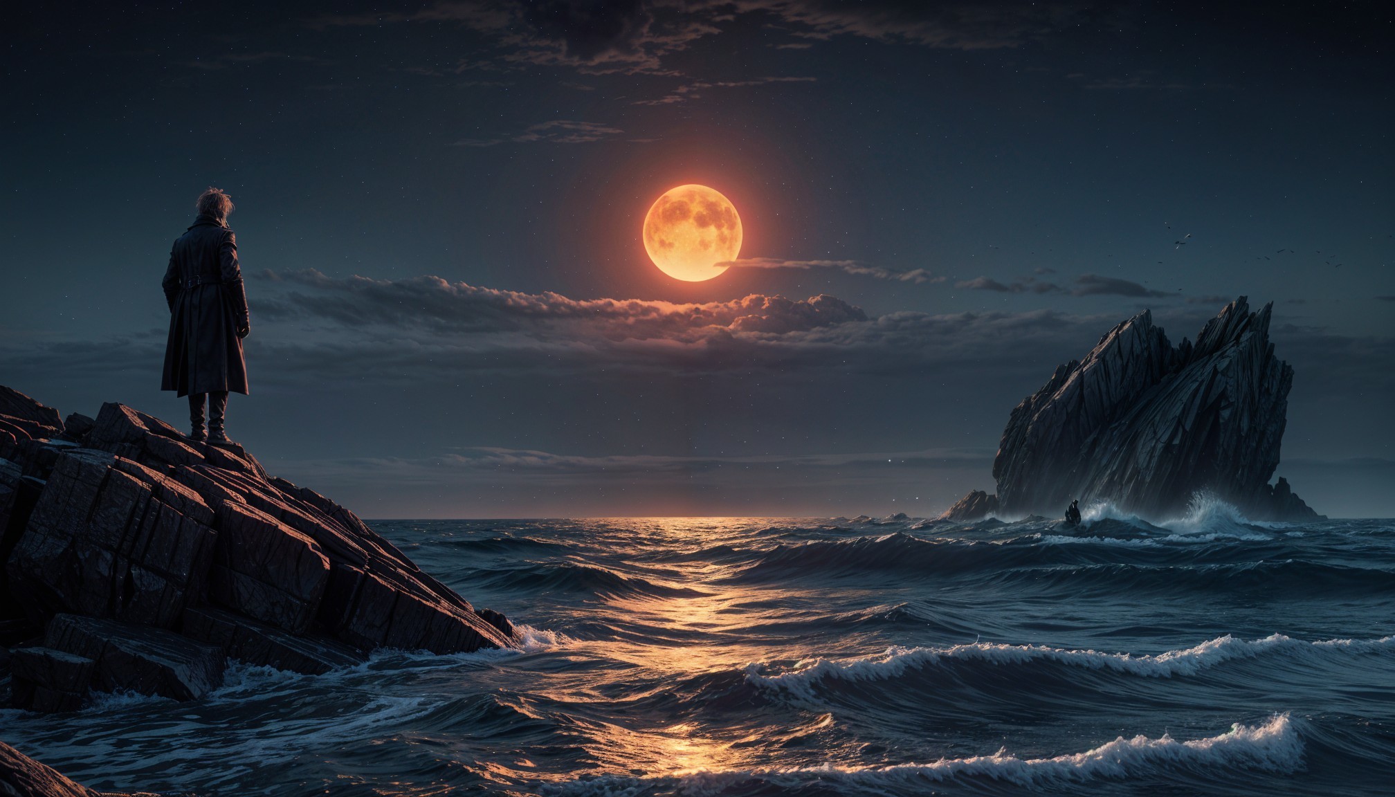 Lone Figure on Rocky Shore Under Full Moonlight
