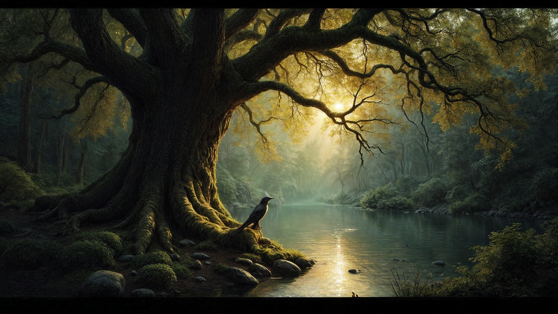 Majestic tree by serene river in lush wilderness