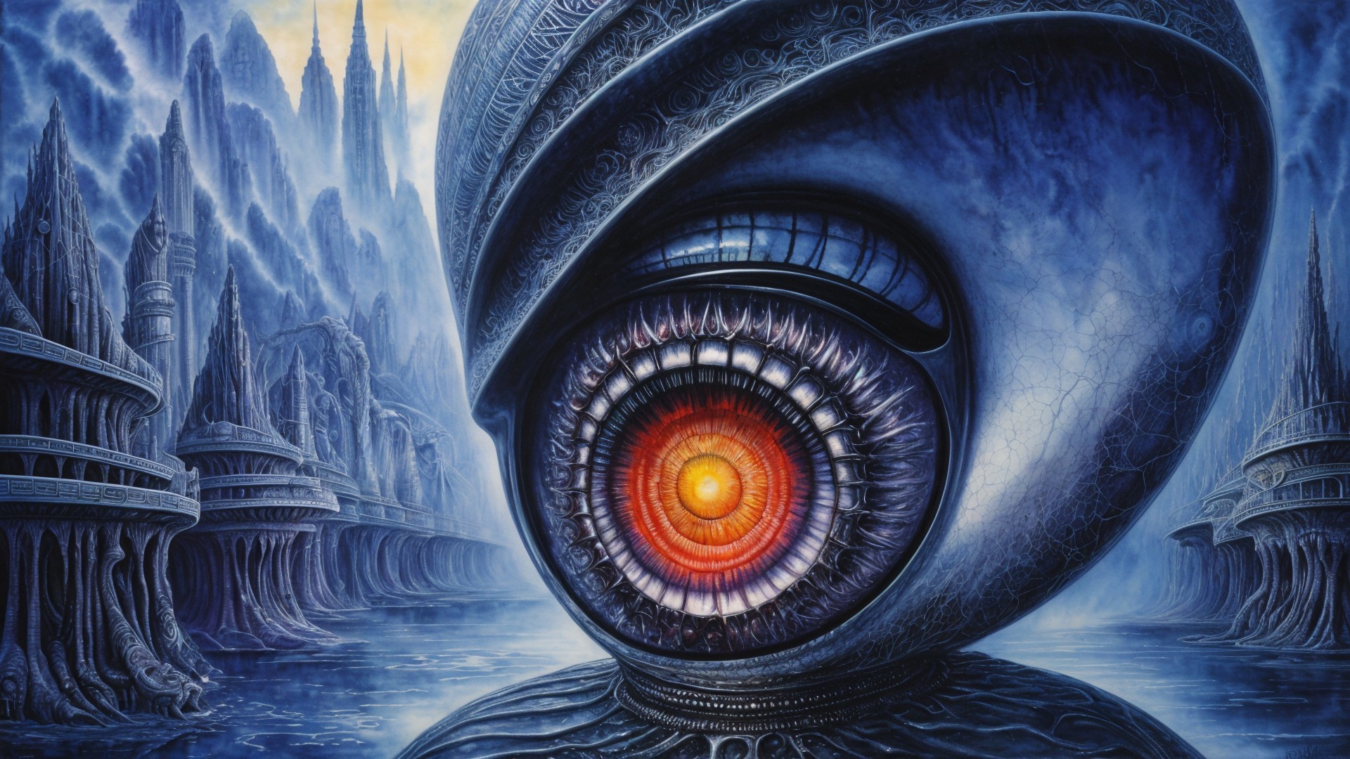 Surreal landscape with intricate eye structure and mountains