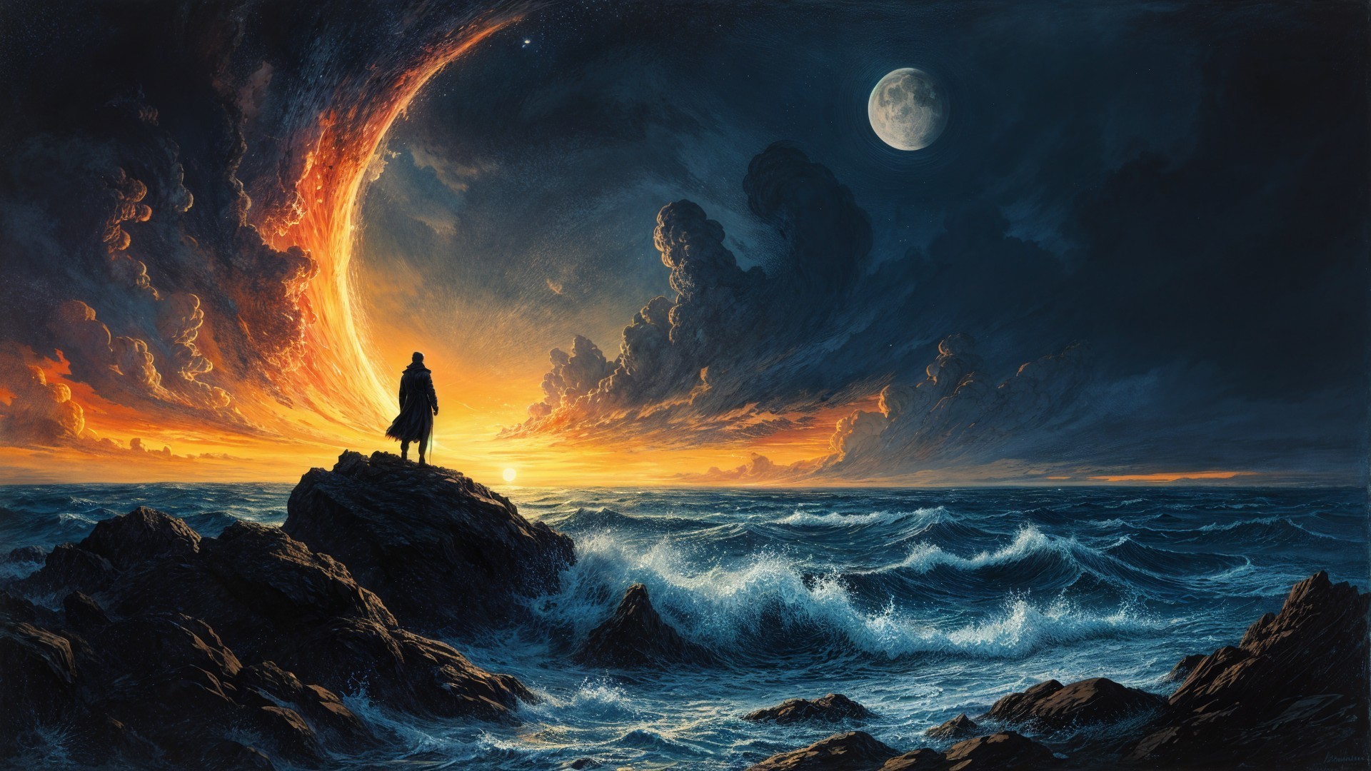 Dramatic Seascape at Sunset with Solitary Figure