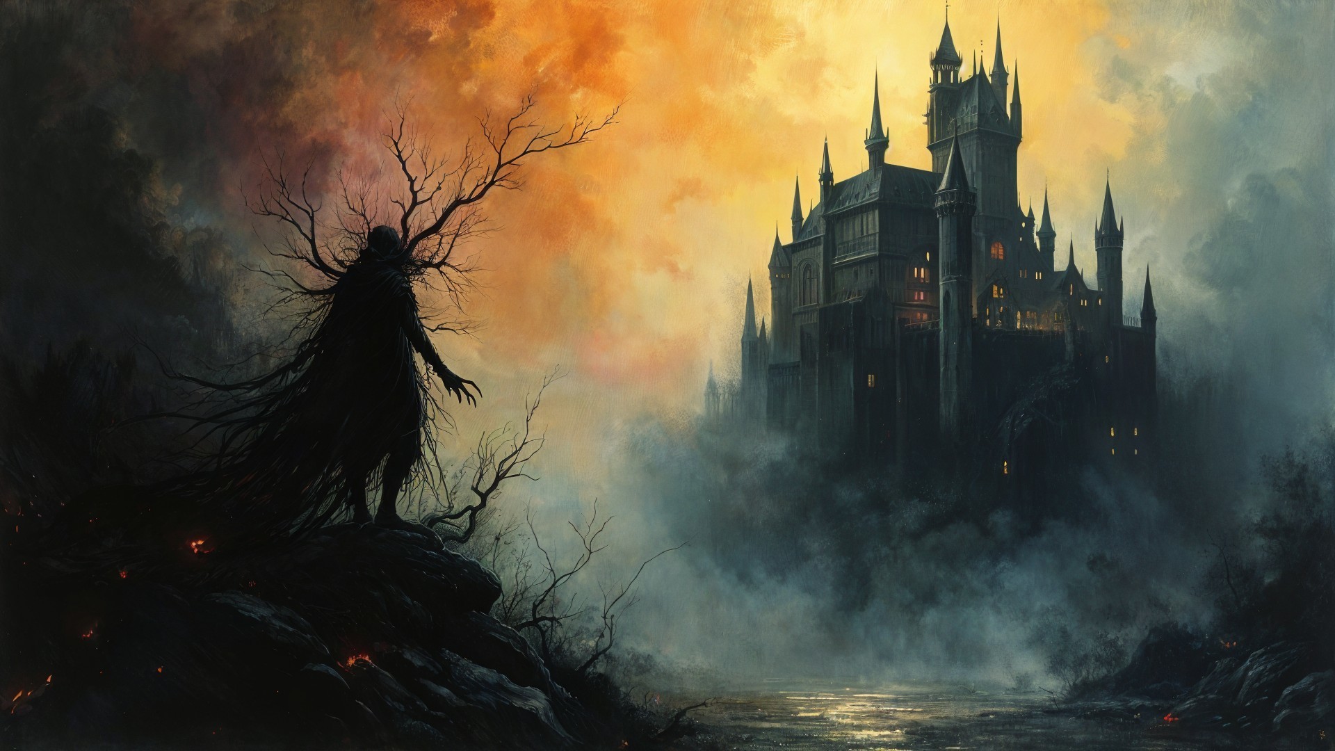 Dark Castle Landscape with Shadowy Figure and Fog