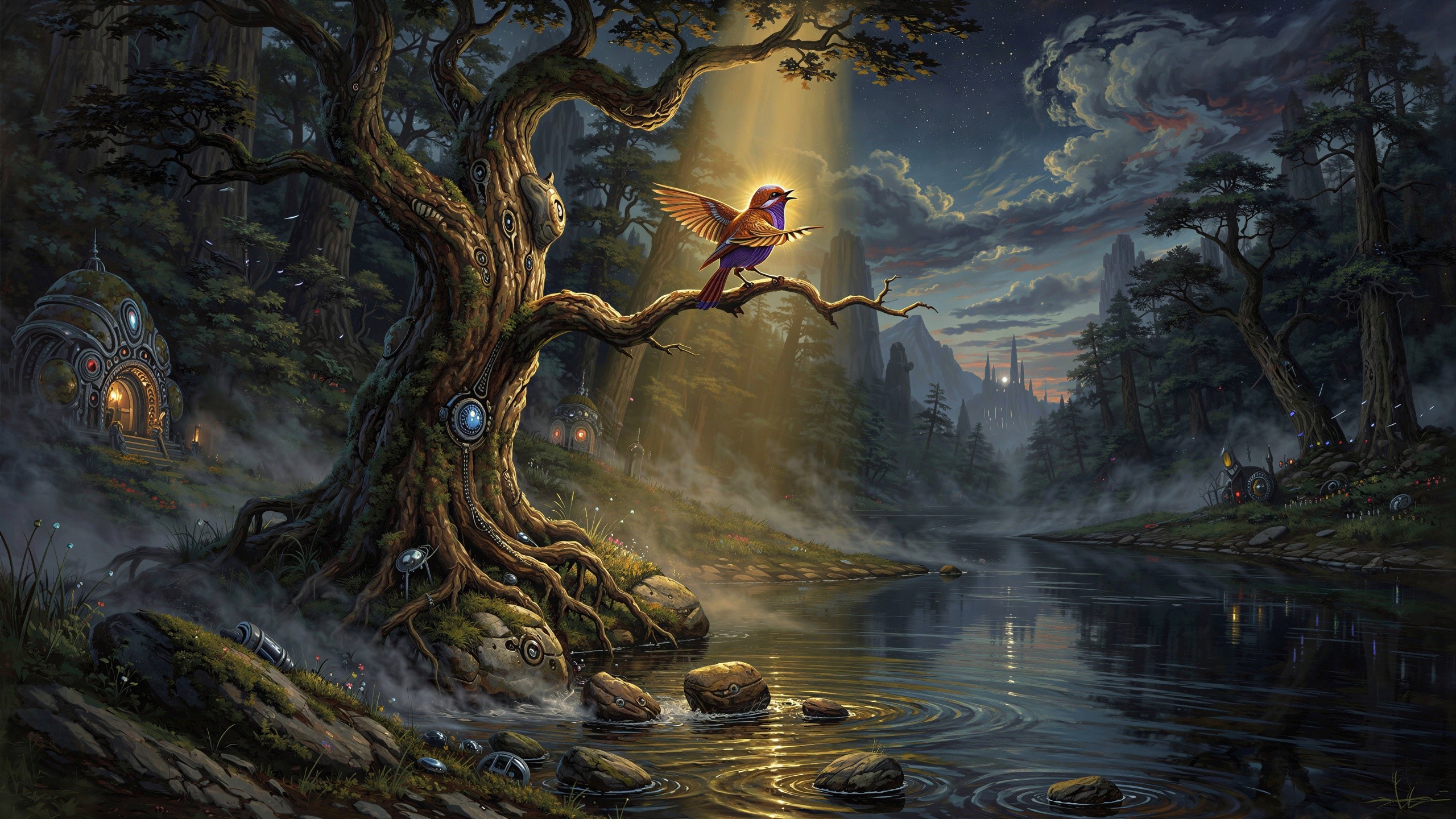 Ancient Tree with Glowing Orbs and Misty River Scene