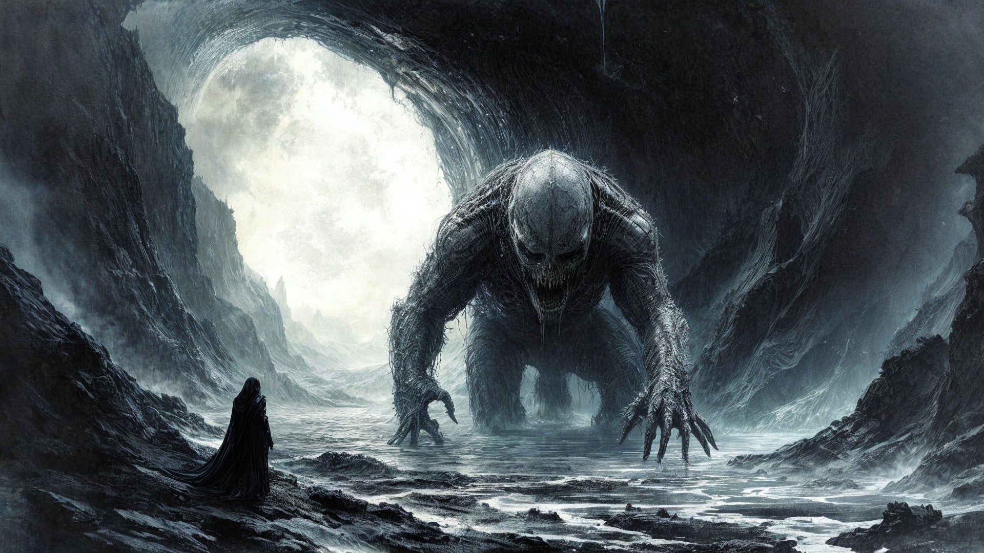 Colossal Monstrous Figure in Shadowy Cavern Scene