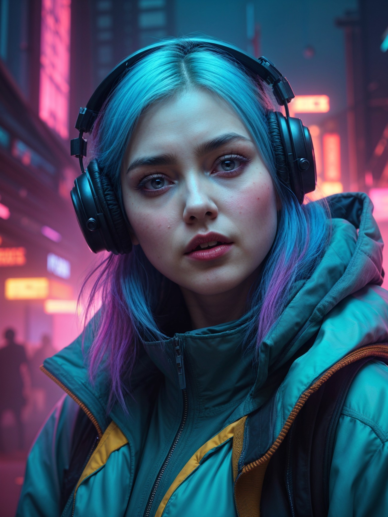 Young woman with blue and purple hair in urban setting