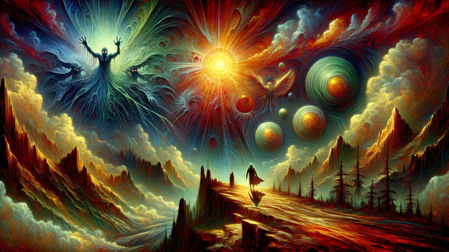 Surreal Landscape with Ethereal Figures and Dramatic Sky
