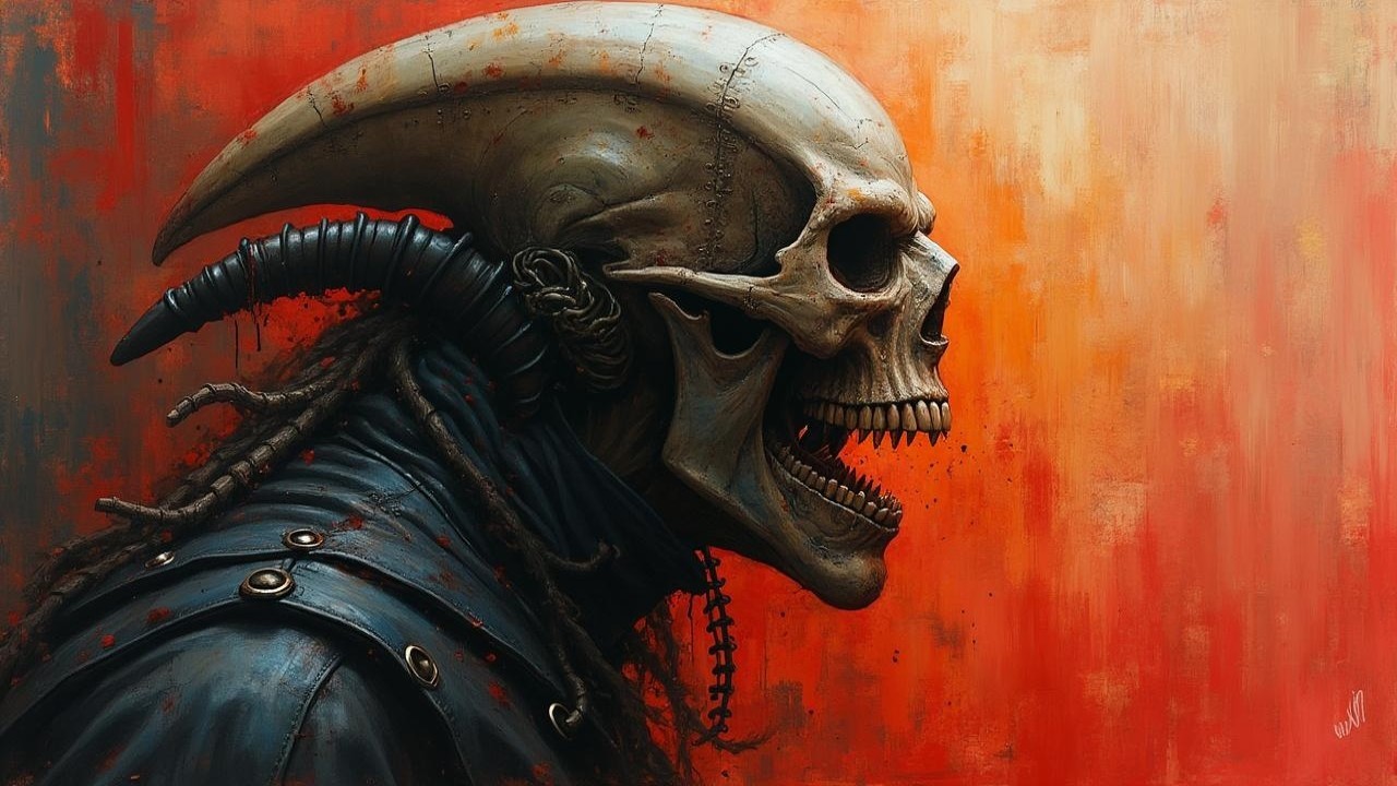 Fantastical Skull with Horns on Textured Orange Background