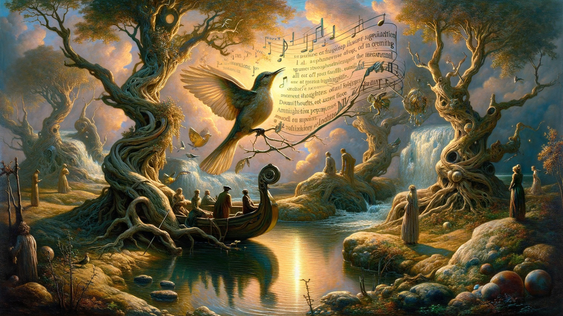 Hummingbird in a Mystical Forest with Ethereal Figures