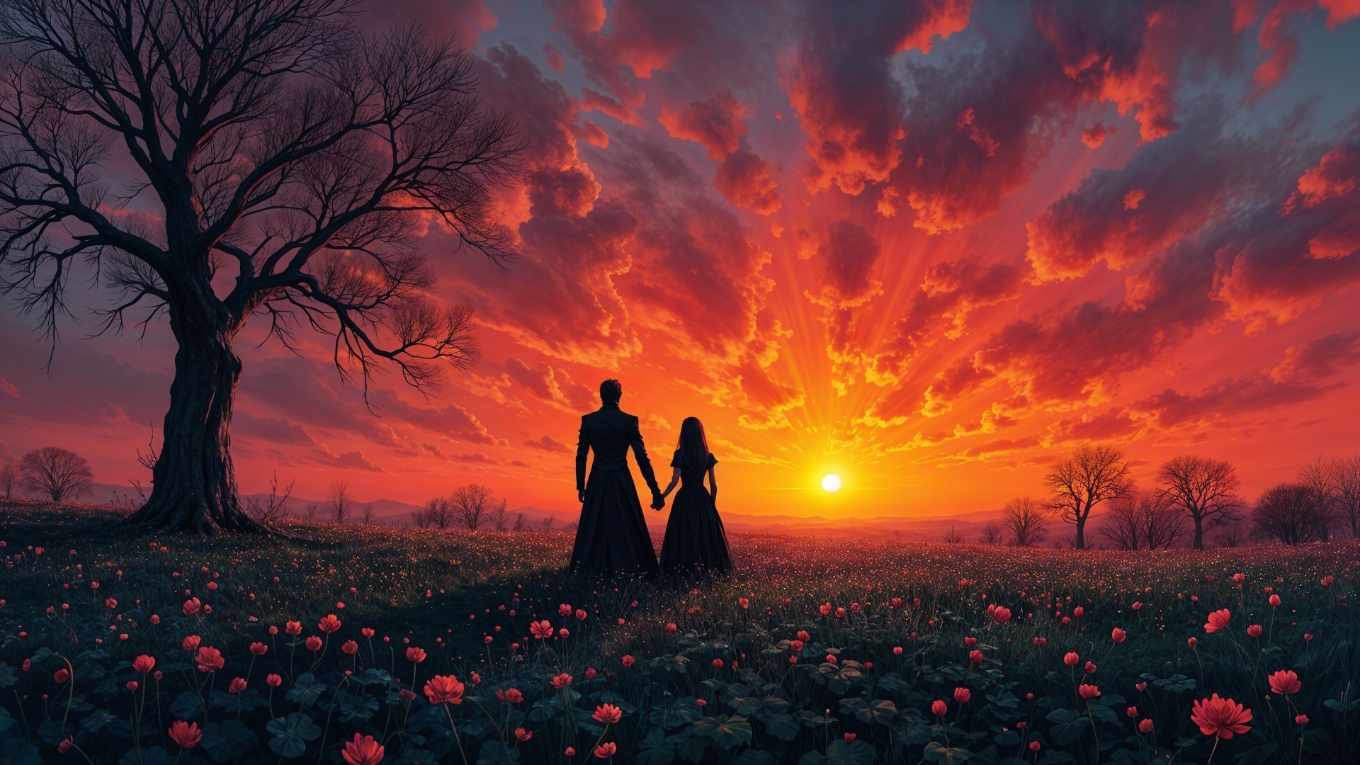 Couple in a Flower Field at Sunset with Dramatic Sky